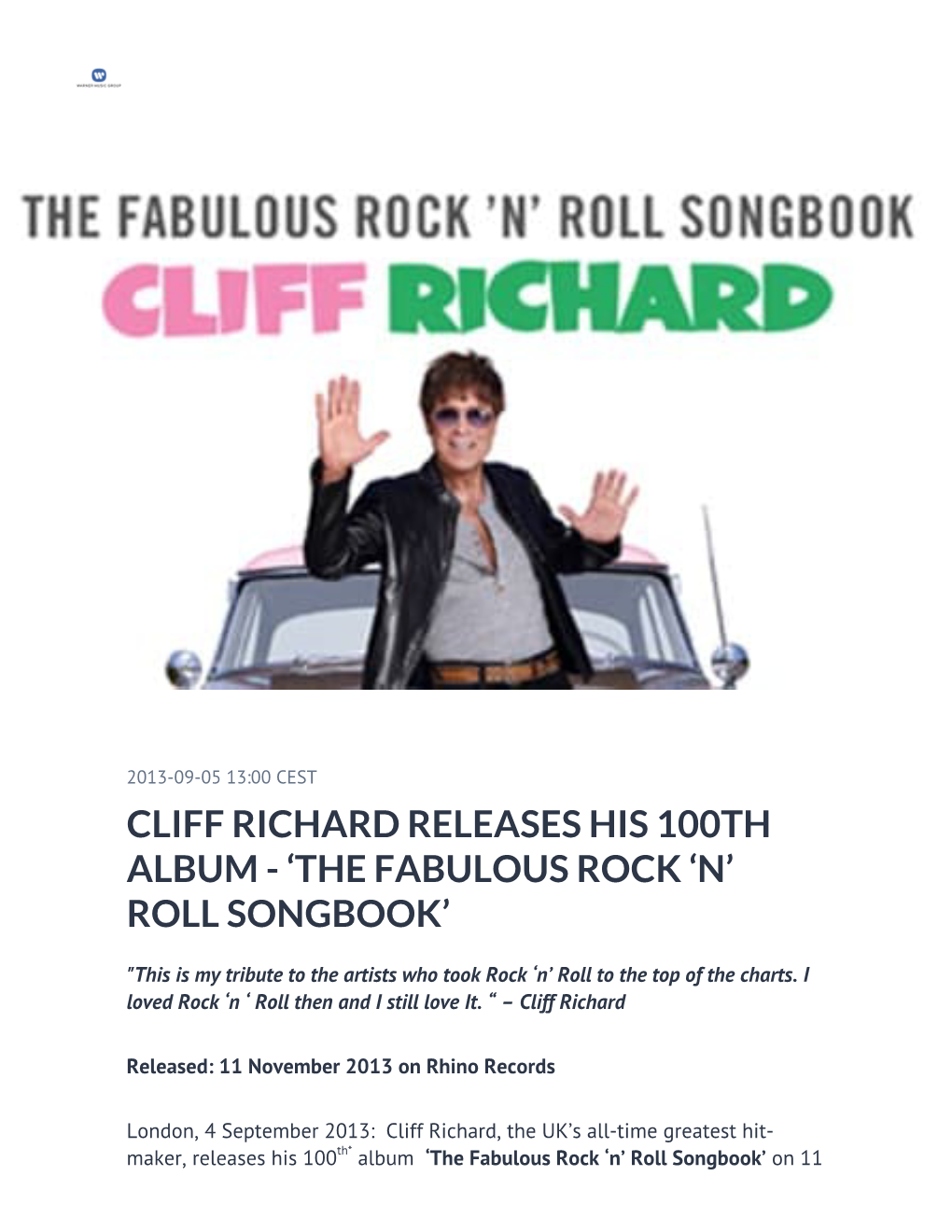 Cliff Richard Releases His 100Th Album - ‘The Fabulous Rock ‘N’ Roll Songbook’