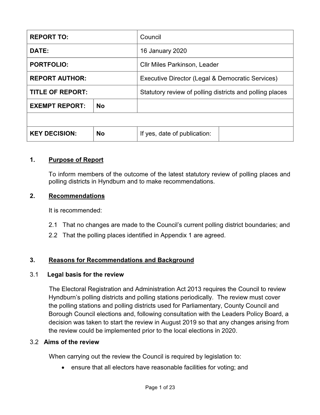 Statutory Review of Polling Districts and Polling Places