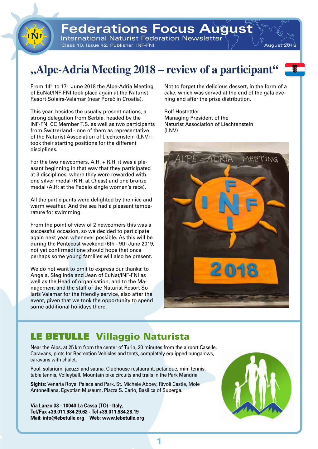 Federations Focus August International Naturist Federation Newsletter Class 10, Issue 42, Publisher: INF-FNI August 2018