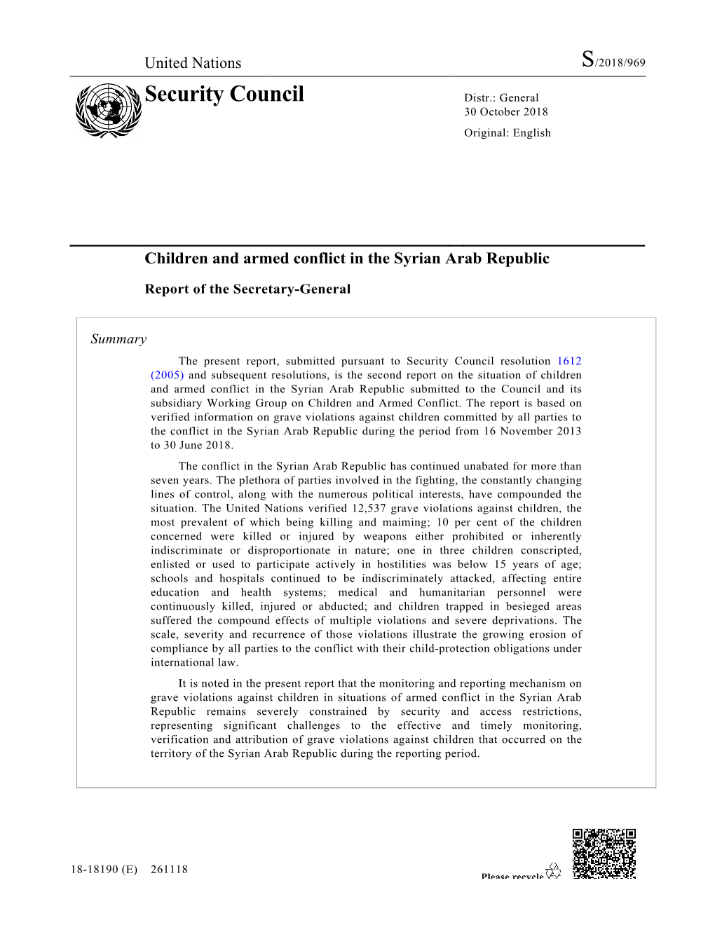 U N Secretary-General's Report on Children and Armed