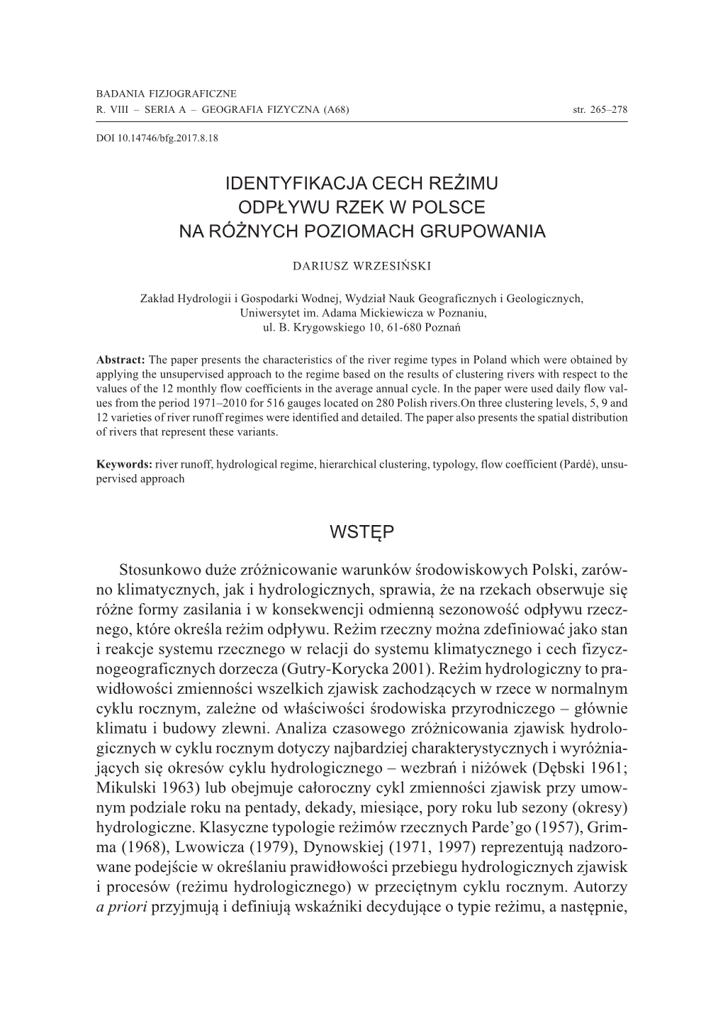 Identyfikacja Cech Reżimu Odpływu Rzek W Polsce Na Różnych Poziomach Grupowania