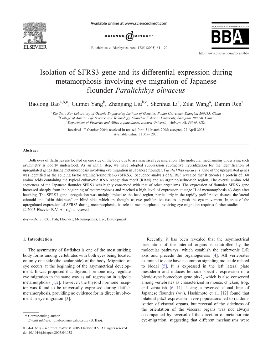 Isolation of SFRS3 Gene and Its Differential Expression During Metamorphosis Involving Eye Migration of Japanese Flounder Paralichthys Olivaceus