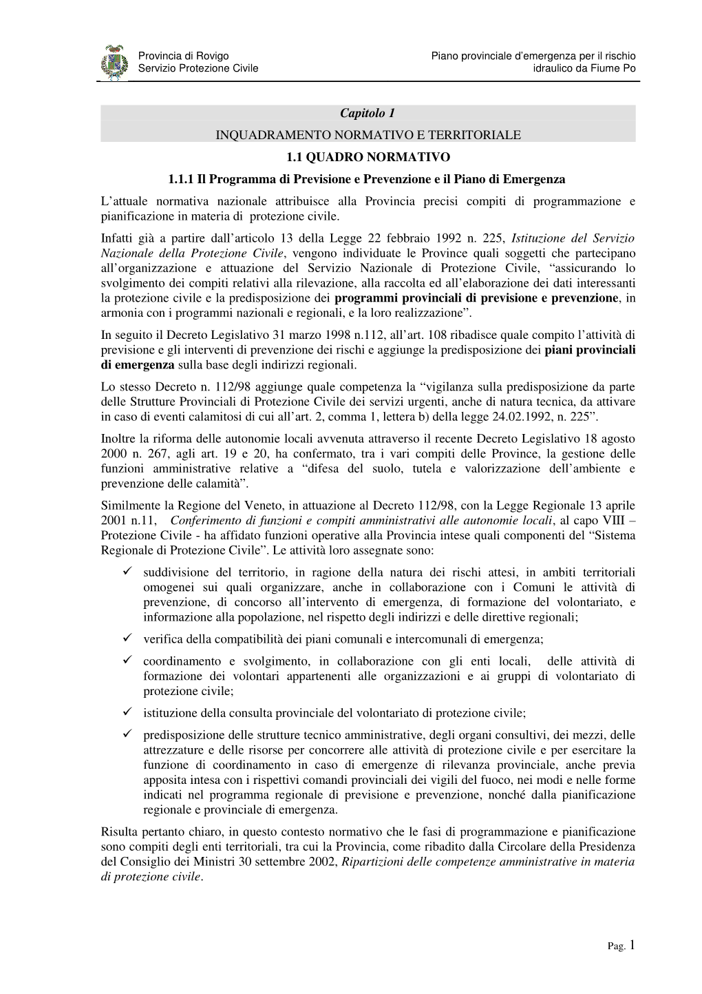 Provincia Di Rovigo Servizio Protezione Civile Piano Provinciale