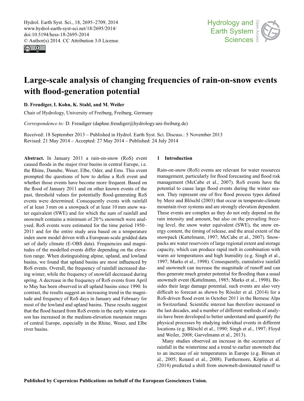 Large-Scale Analysis of Changing Frequencies of Rain-On-Snow Events with ﬂood-Generation Potential