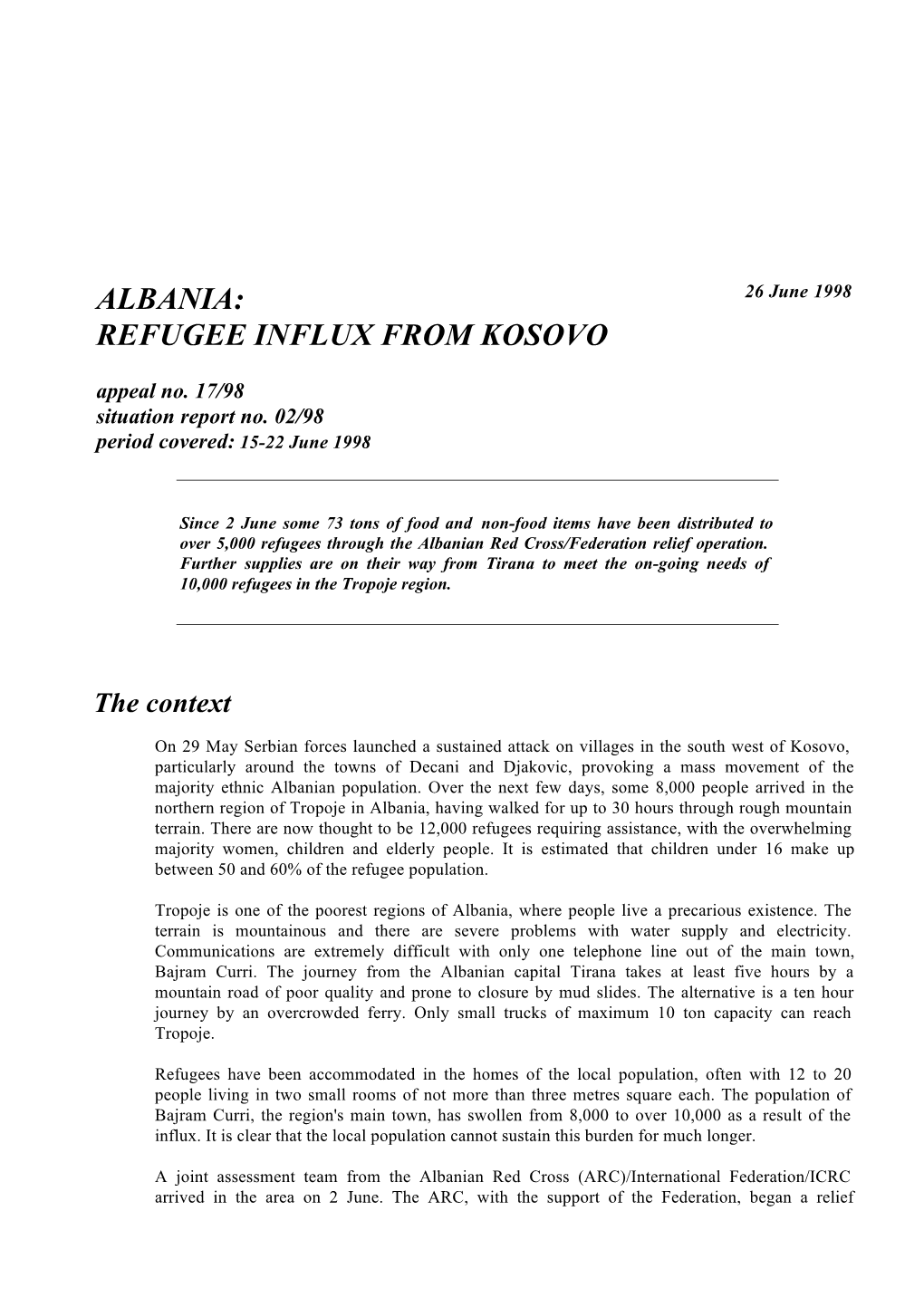 ALBANIA REFUGEE INFLUX from KOSOVO (Appeal 17/98)