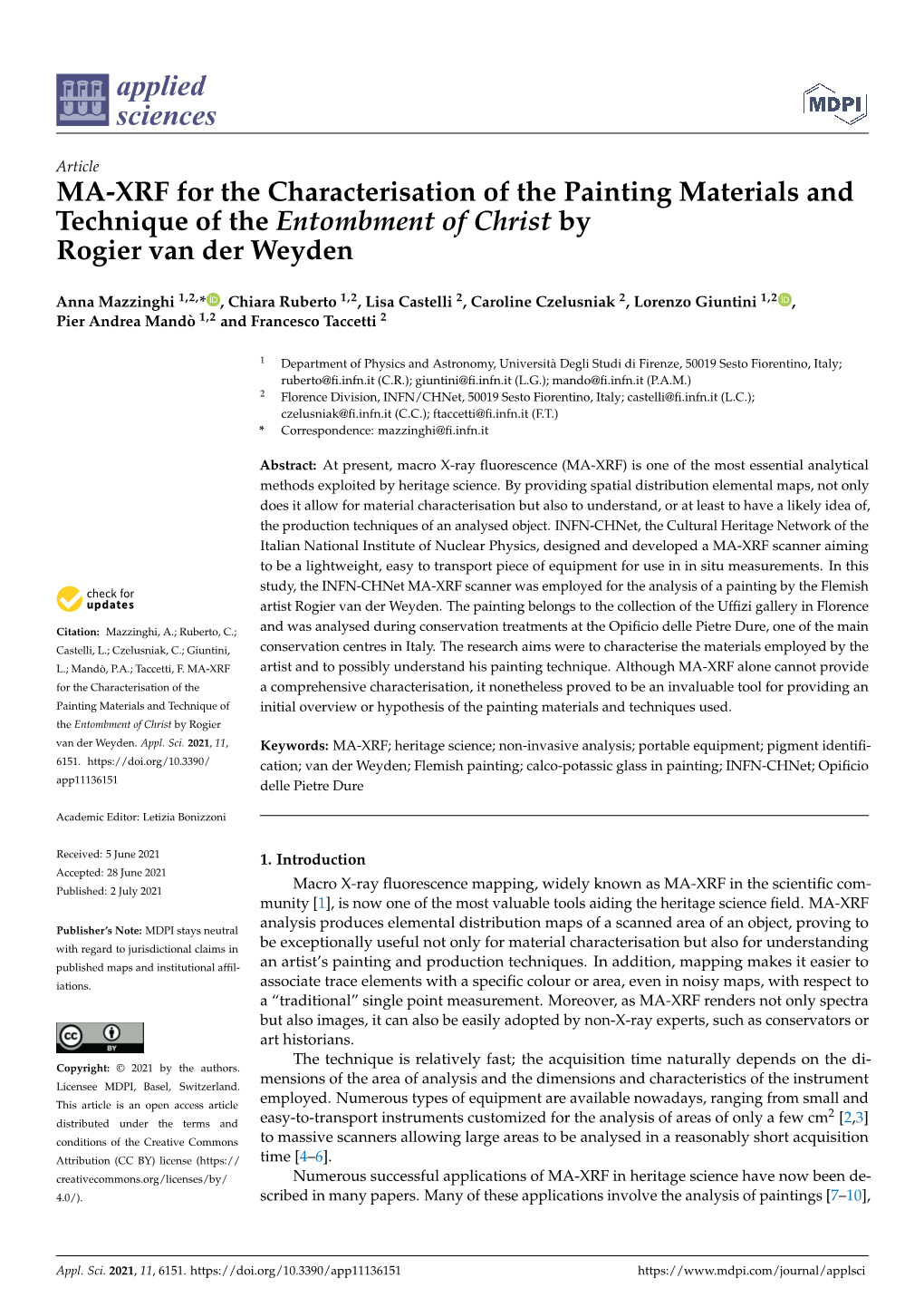 MA-XRF for the Characterisation of the Painting Materials and Technique of the Entombment of Christ by Rogier Van Der Weyden