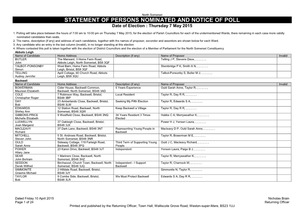 STATEMENT of PERSONS NOMINATED and NOTICE of POLL Date of Election : Thursday 7 May 2015