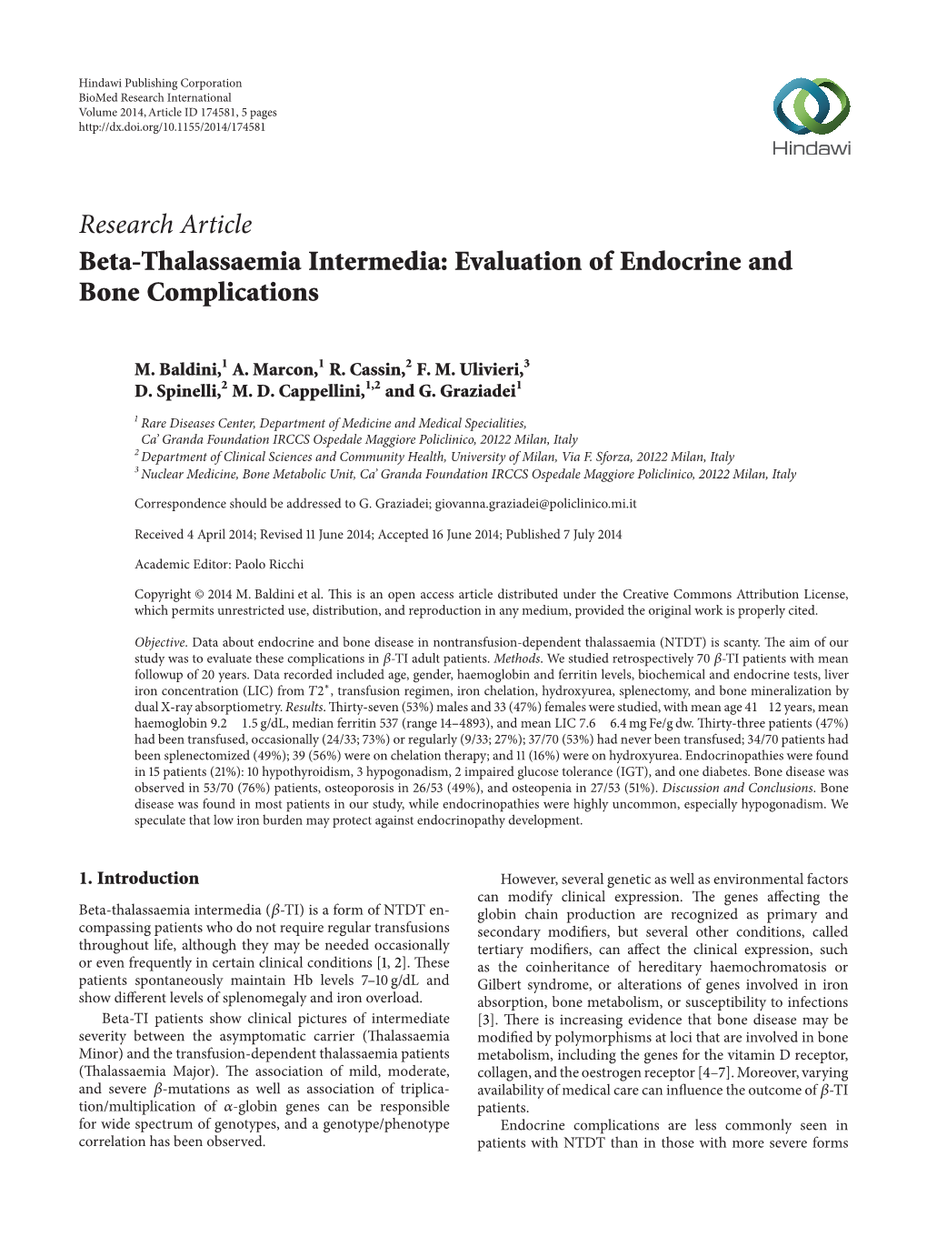 Research Article Beta-Thalassaemia Intermedia: Evaluation of Endocrine and Bone Complications