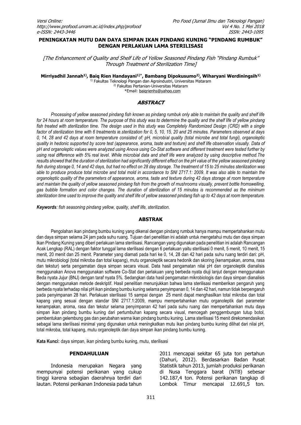 [The Enhancement of Quality and Shelf Life of Yellow Seasoned Pindang Fish “Pindang Rumbuk” Through Treatment of Sterilization Time]