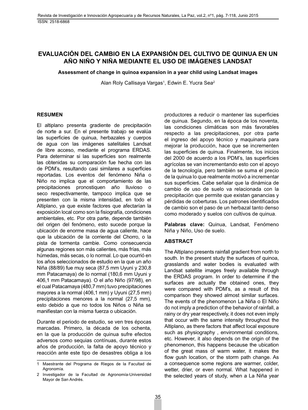 Evaluación Del Cambio En La Expansión Del Cultivo De Quinua En