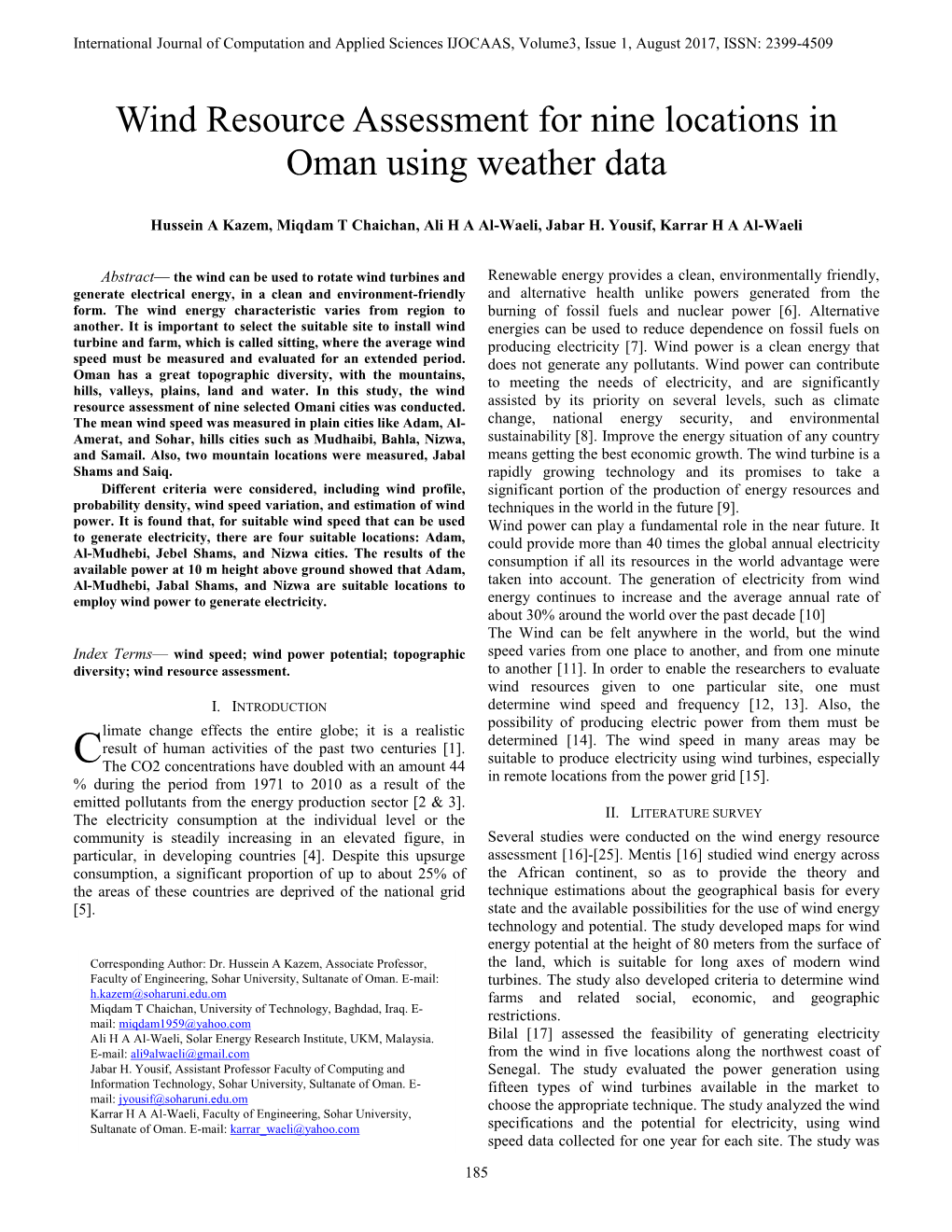 Wind Resource Assessment for Nine Locations in Oman Using Weather Data