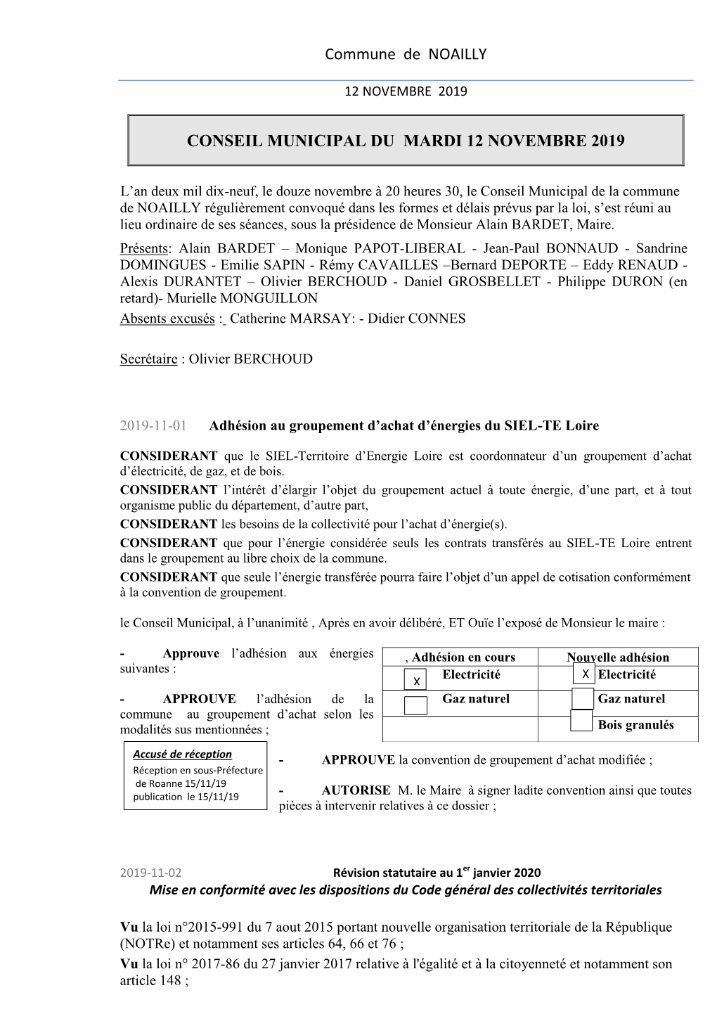 Commune De NOAILLY CONSEIL MUNICIPAL DU MARDI 12