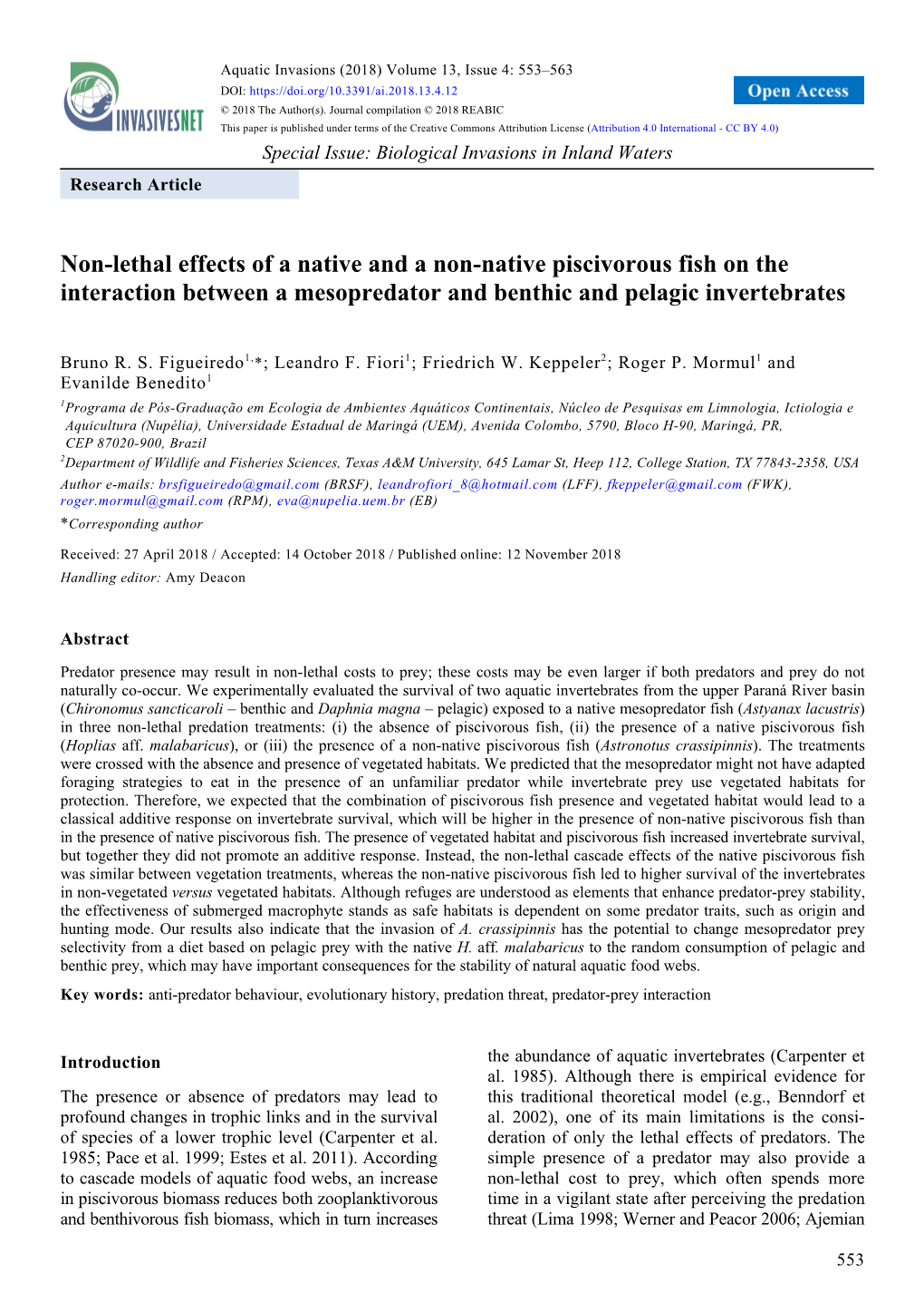 Non-Lethal Effects of a Native and a Non-Native Piscivorous Fish on the Interaction Between a Mesopredator and Benthic and Pelagic Invertebrates