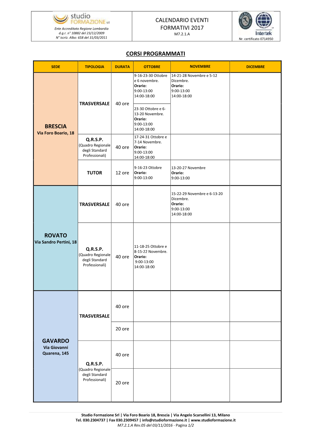 Calendario Eventi Formativi 2017 Corsi Programmati