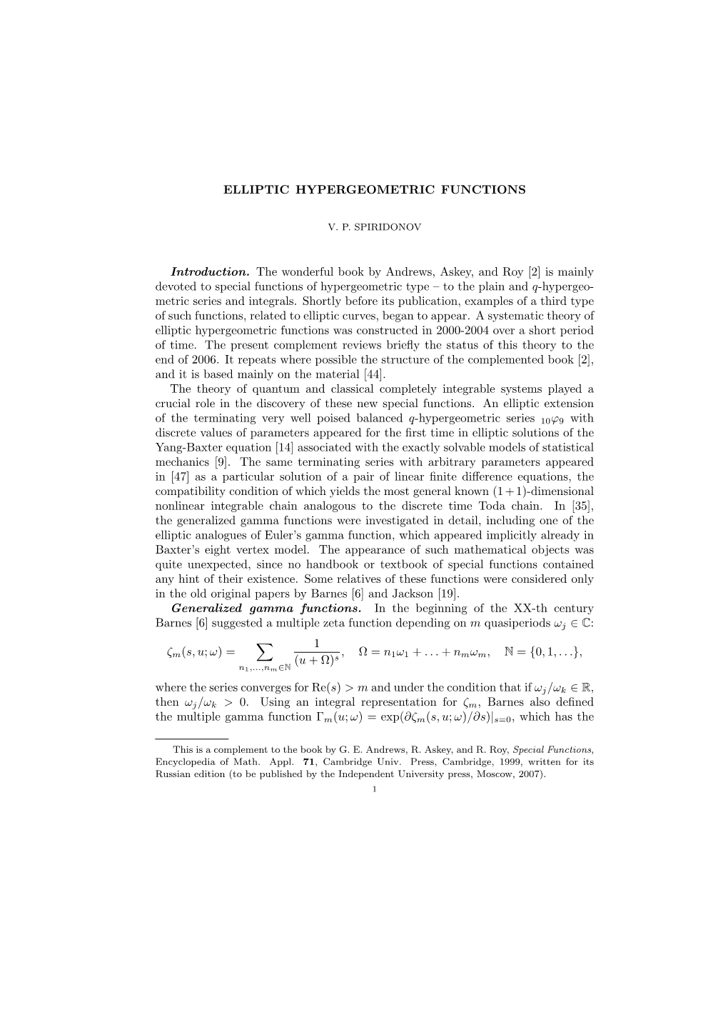 Elliptic Hypergeometric Functions