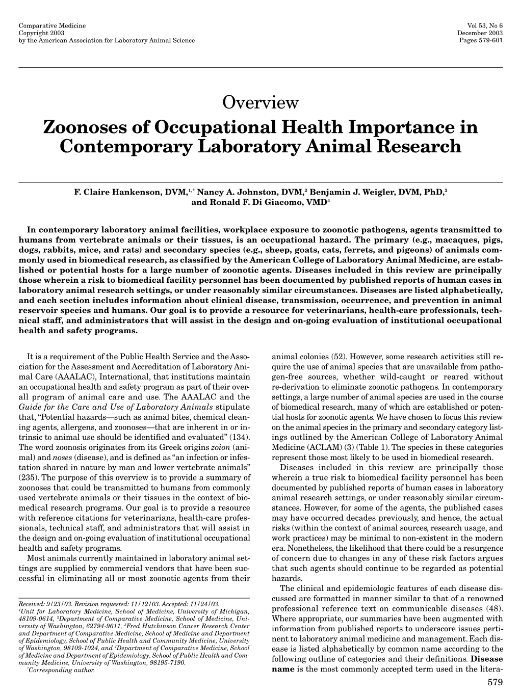 Overview Zoonoses of Occupational Health Importance in Contemporary Laboratory Animal Research