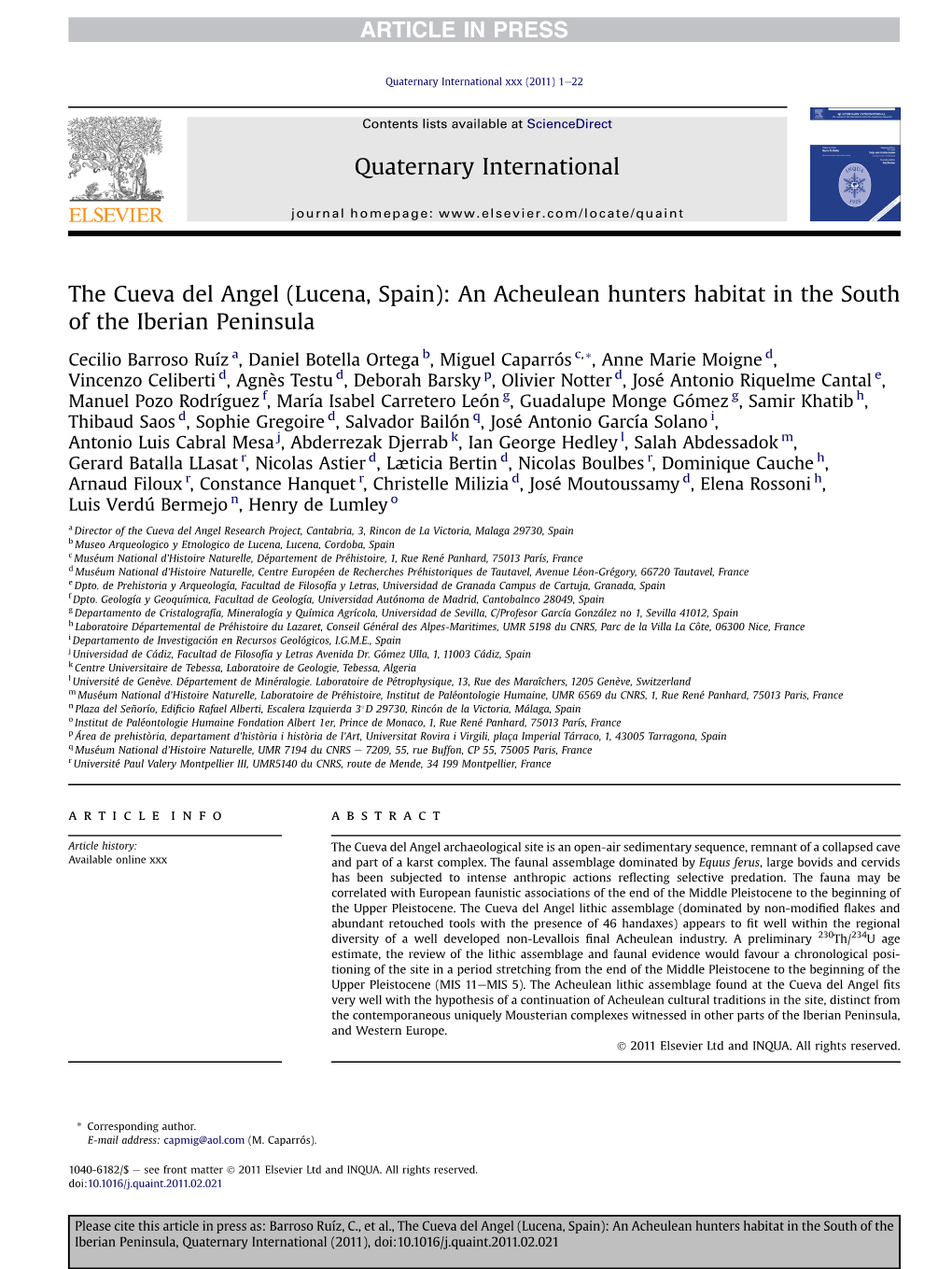 The Cueva Del Angel (Lucena, Spain): an Acheulean Hunters Habitat in the South of the Iberian Peninsula