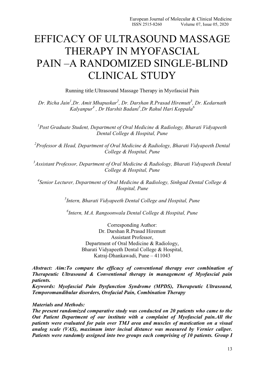 Efficacy of Ultrasound Massage Therapy in Myofascial Pain –A Randomized Single-Blind Clinical Study