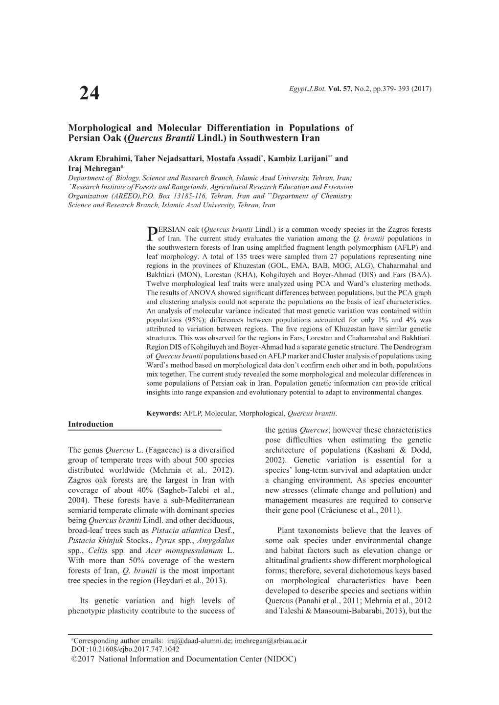 Morphological and Molecular Differentiation in Populations of Persian Oak (Quercus Brantii Lindl.) in Southwestern Iran