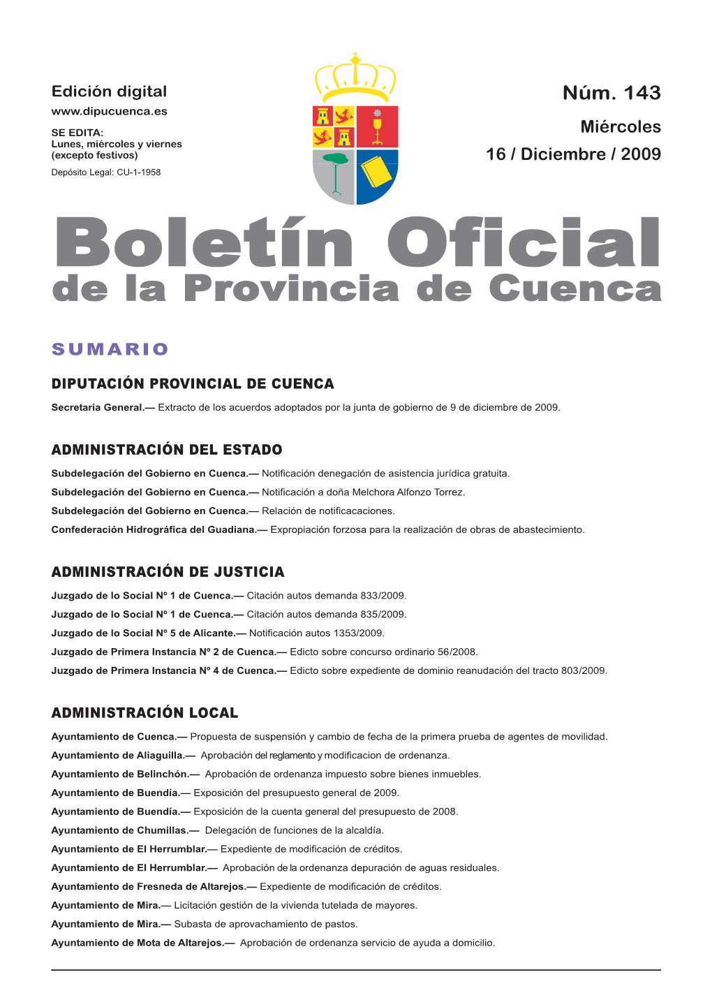 Boletín Oficial De La Provincia De Cuenca Sumario Diputación Provincial De Cuenca