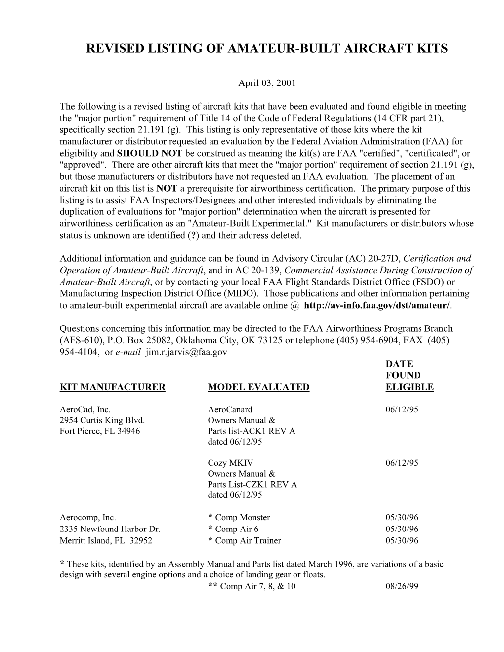 Revised Listing of Amateur-Built Aircraft Kits