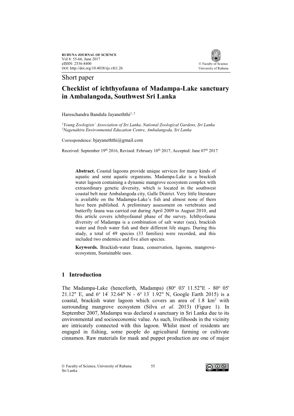 Short Paper Checklist of Ichthyofauna of Madampa-Lake Sanctuary in Ambalangoda, Southwest Sri Lanka