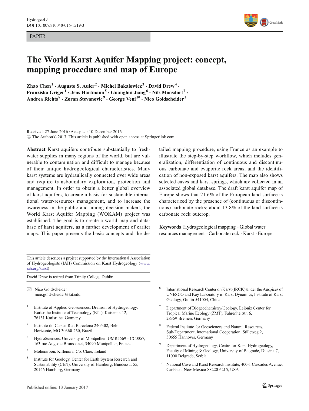 The World Karst Aquifer Mapping Project: Concept, Mapping Procedure and Map of Europe