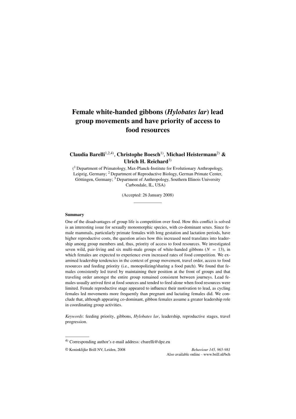 Female White-Handed Gibbons (<I>Hylobates Lar</I>) Lead Group