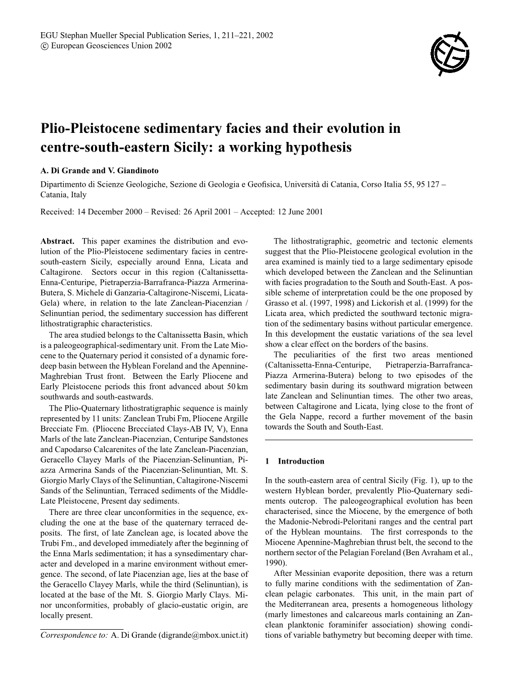 Plio-Pleistocene Sedimentary Facies and Their Evolution in Centre-South-Eastern Sicily: a Working Hypothesis