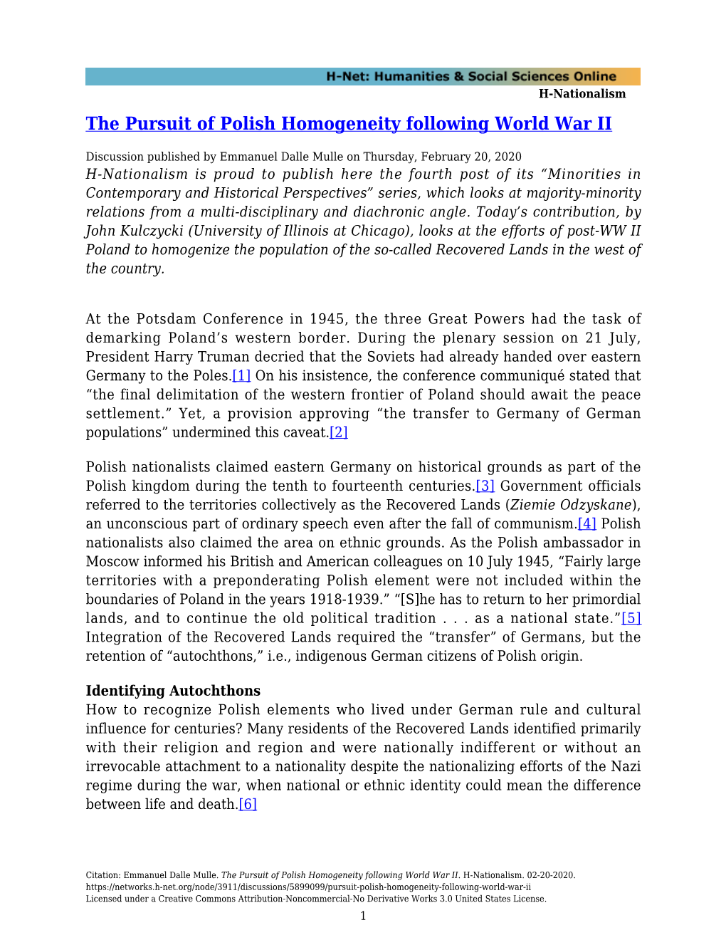 The Pursuit of Polish Homogeneity Following World War II