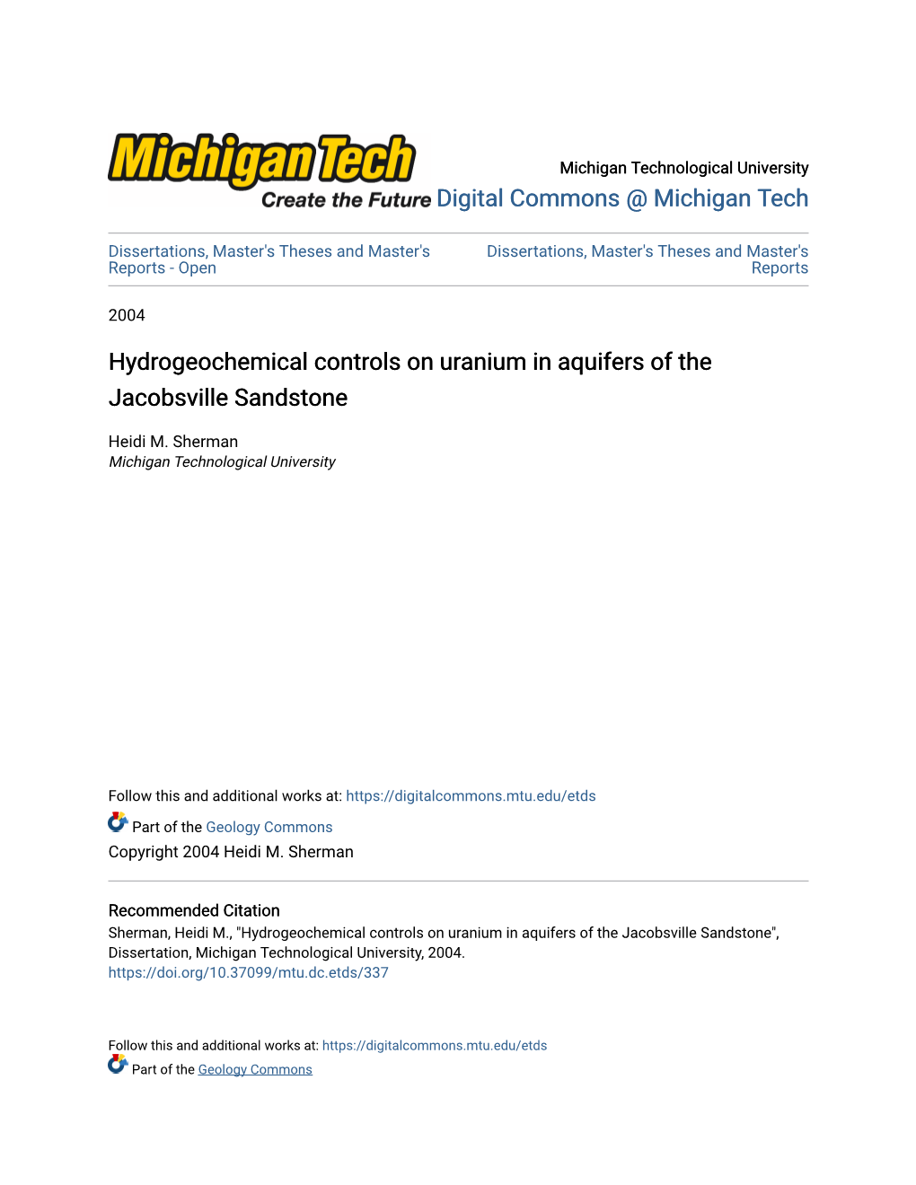 Hydrogeochemical Controls on Uranium in Aquifers of the Jacobsville Sandstone