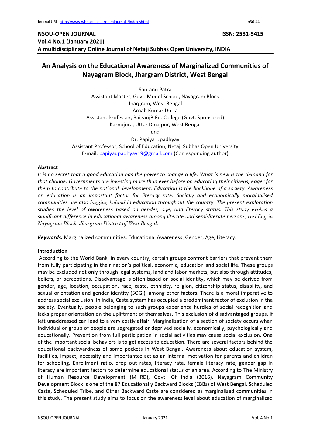 An Analysis on the Educational Awareness of Marginalized Communities of Nayagram Block, Jhargram District, West Bengal