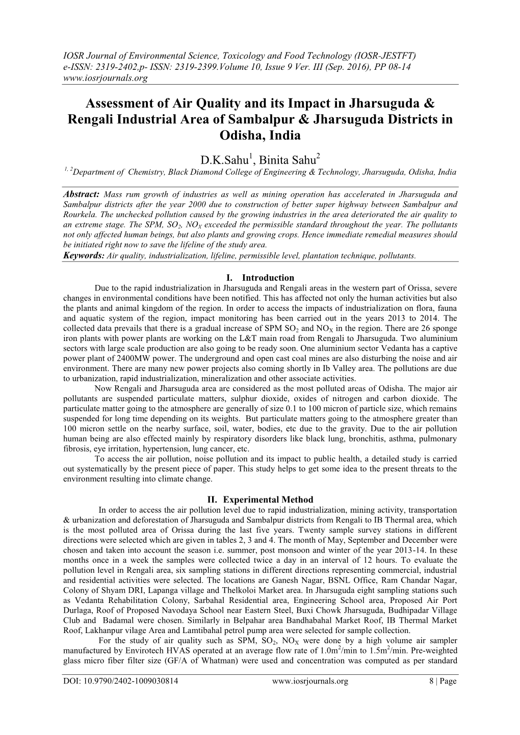 Assessment of Air Quality and Its Impact in Jharsuguda & Rengali