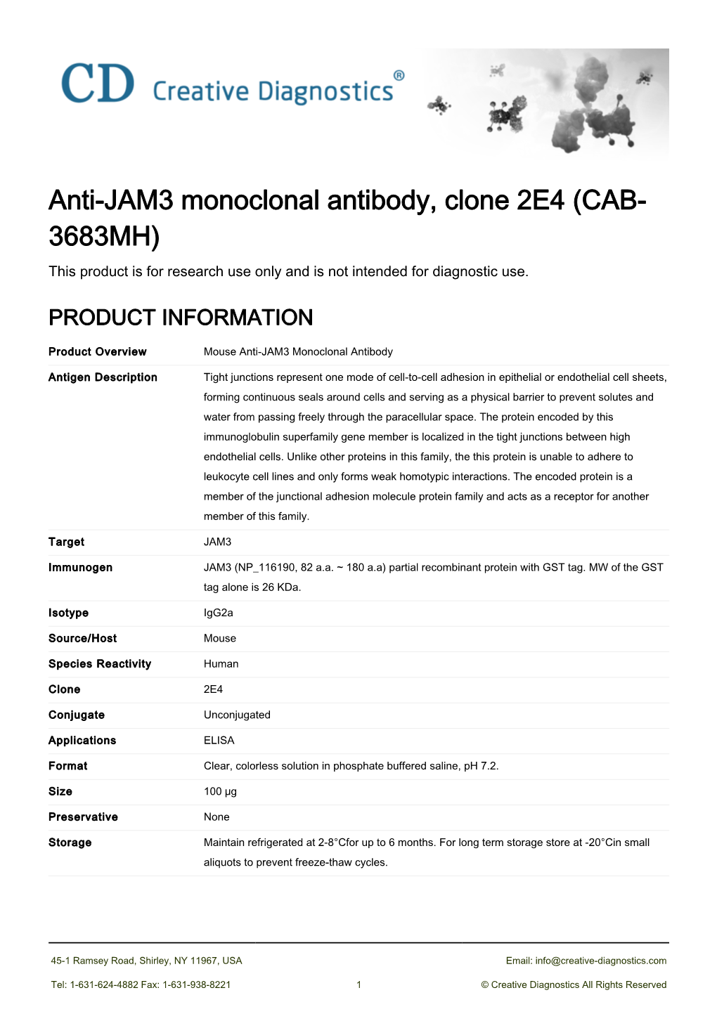 Anti-JAM3 Monoclonal Antibody, Clone 2E4 (CAB- 3683MH) This Product Is for Research Use Only and Is Not Intended for Diagnostic Use