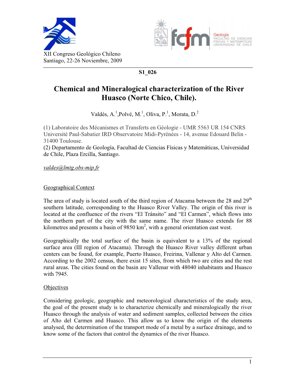 Chemical and Mineralogical Characterization of the River Huasco (Norte Chico, Chile)