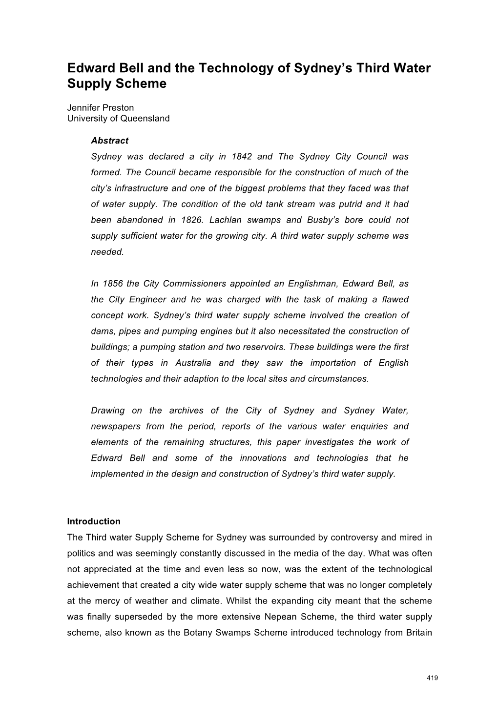 Edward Bell and the Technology of Sydney's Third Water Supply Scheme
