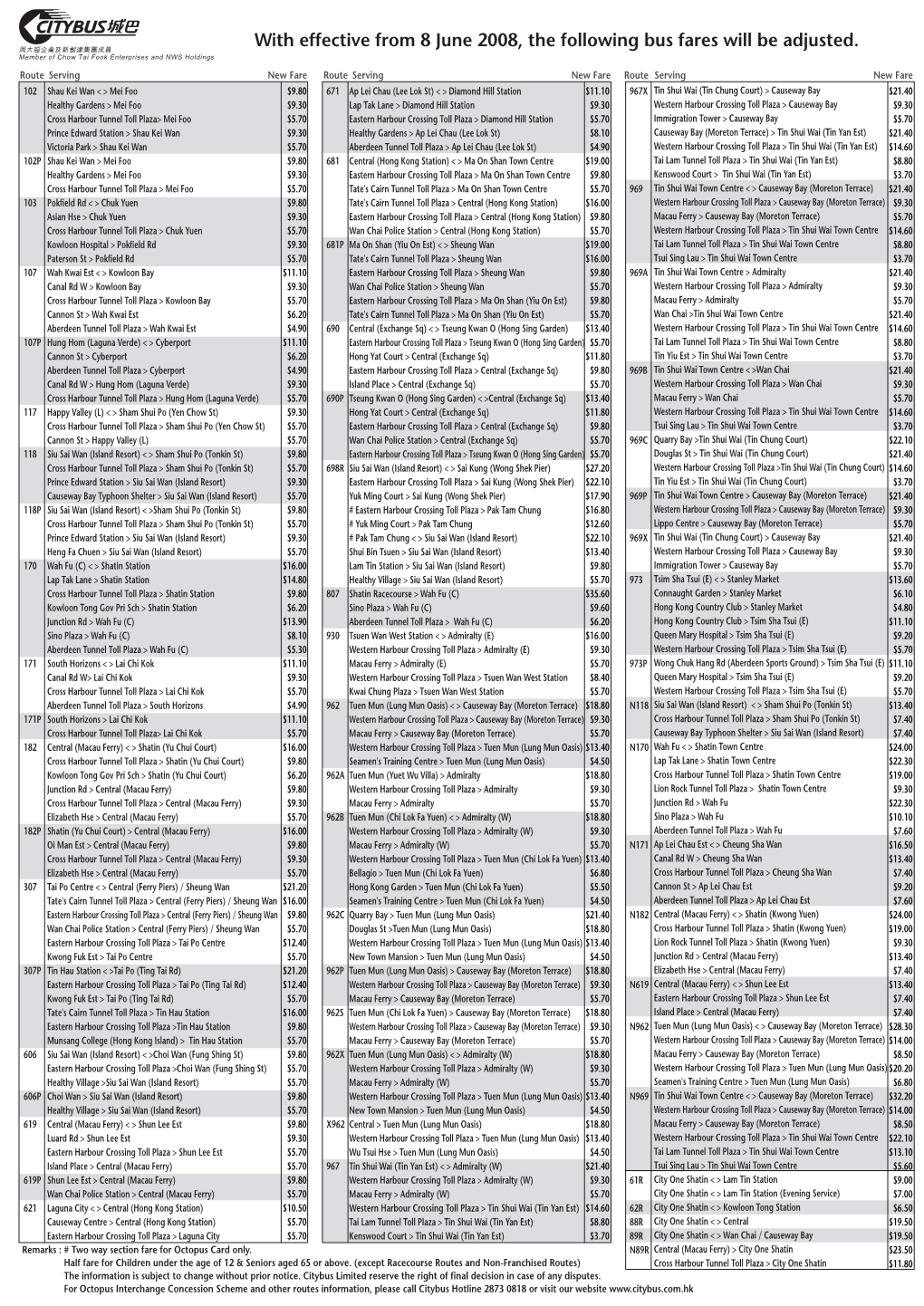 With Effective from 8 June 2008, the Following Bus Fares Will Be Adjusted