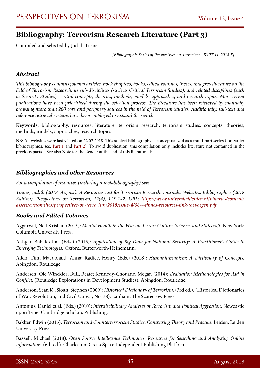 Bibliography: Terrorism Research Literature (Part 3) Compiled and Selected by Judith Tinnes [Bibliographic Series of Perspectives on Terrorism - BSPT-JT-2018-5]