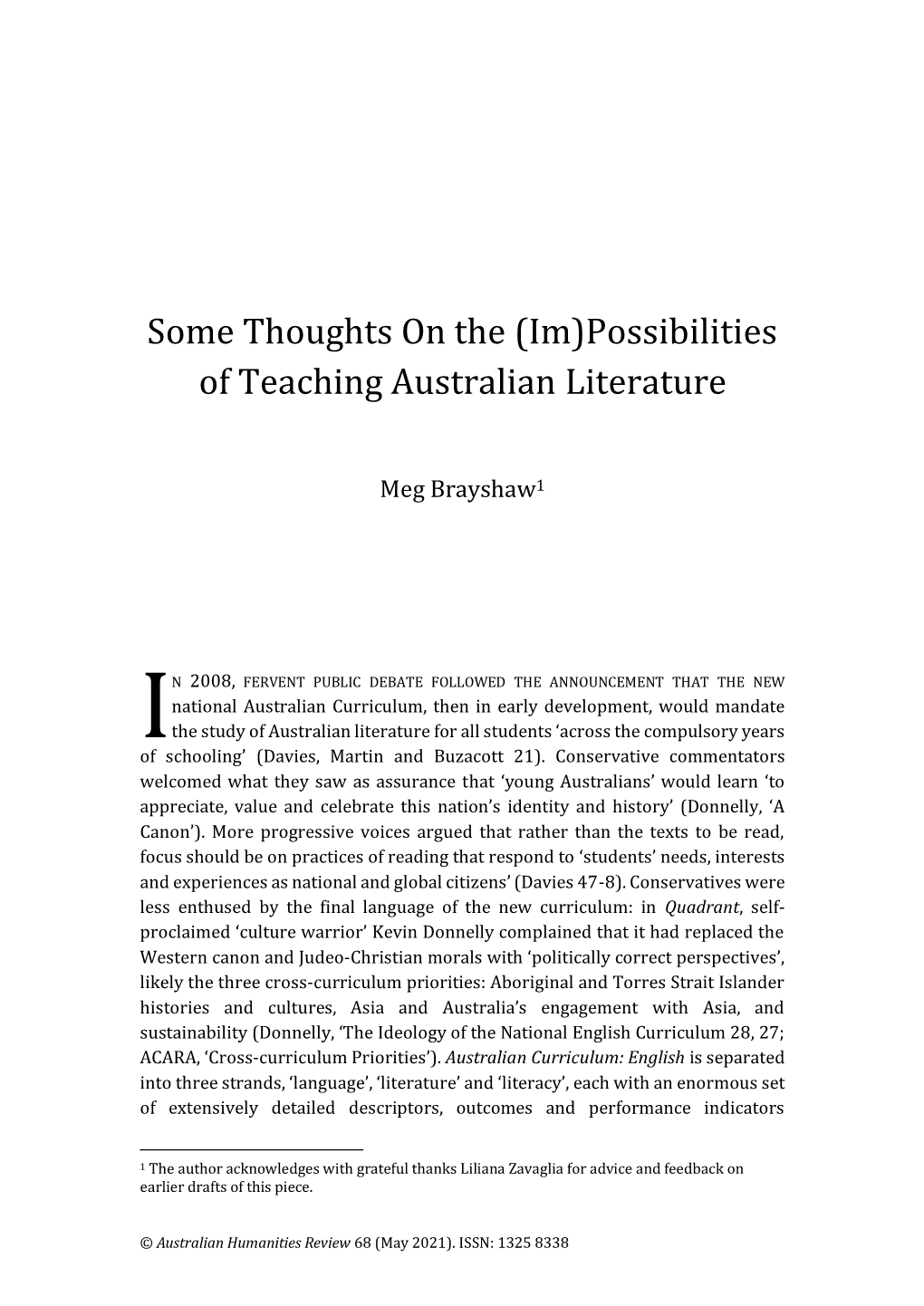 Possibilities of Teaching Australian Literature