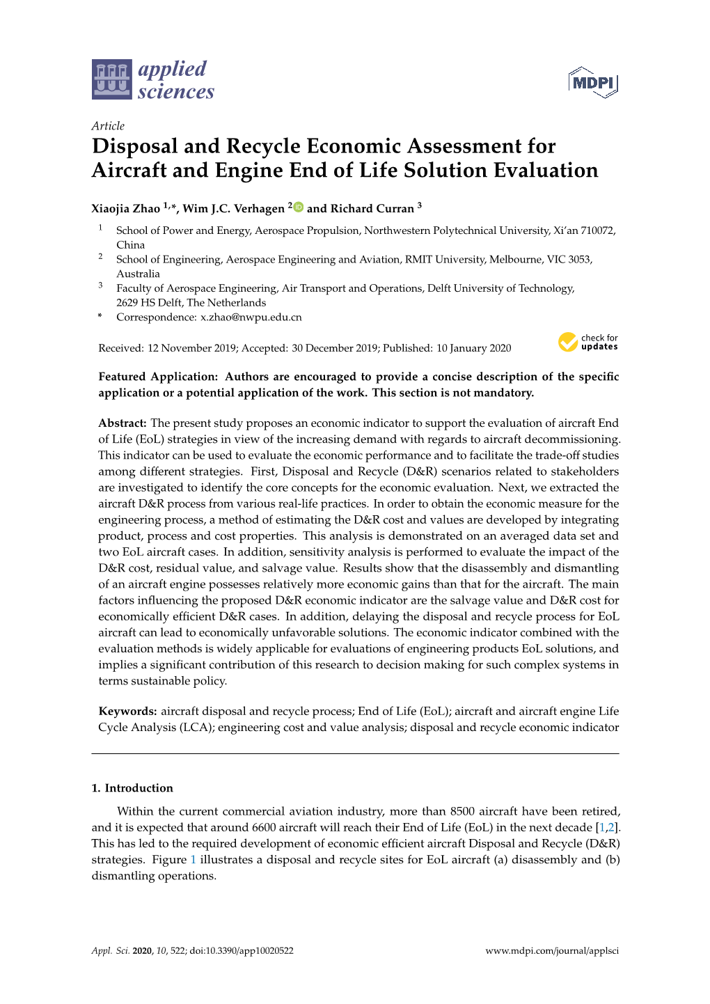 Disposal and Recycle Economic Assessment for Aircraft and Engine End of Life Solution Evaluation