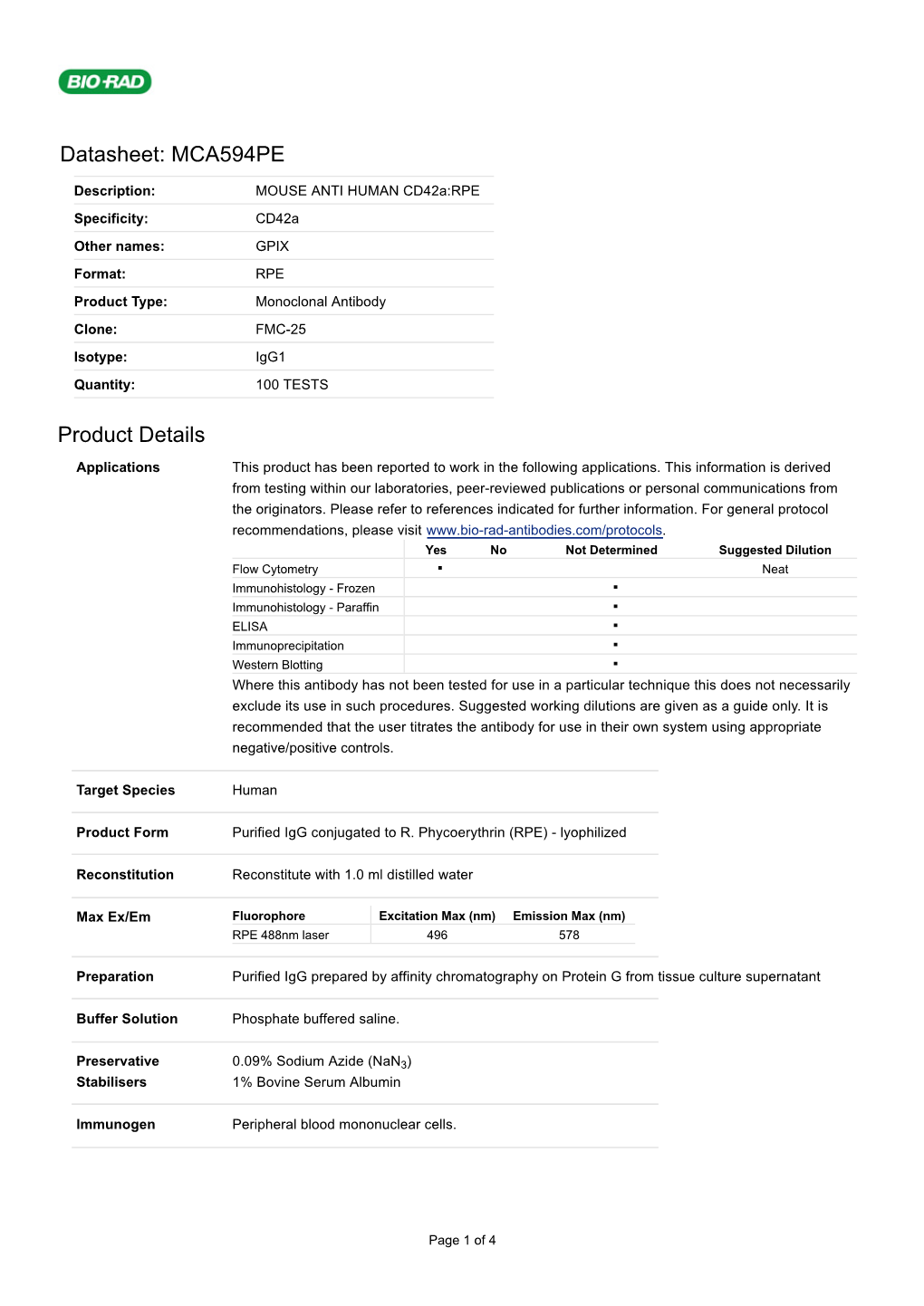 Datasheet: MCA594PE Product Details