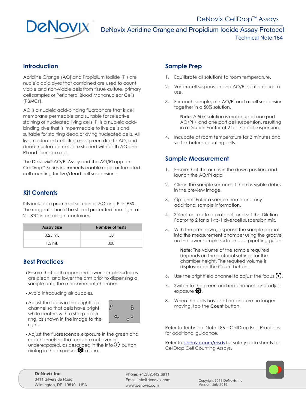 Denovix Acridine Orange and Propidium Iodide Assay Protocol Technical Note 184