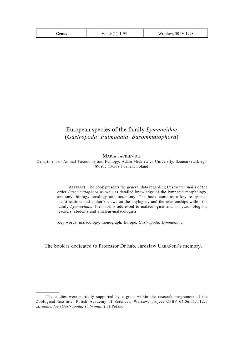 European Species of the Family Lymnaeidae (Gastropoda: Pulmonata: Basommatophora)