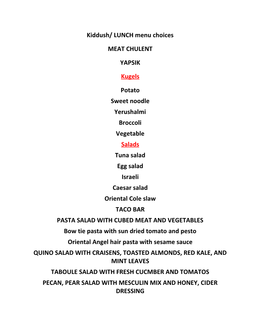 Kiddush/ LUNCH Menu Choices