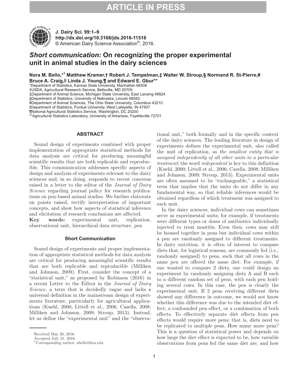On Recognizing the Proper Experimental Unit in Animal Studies in the Dairy Sciences