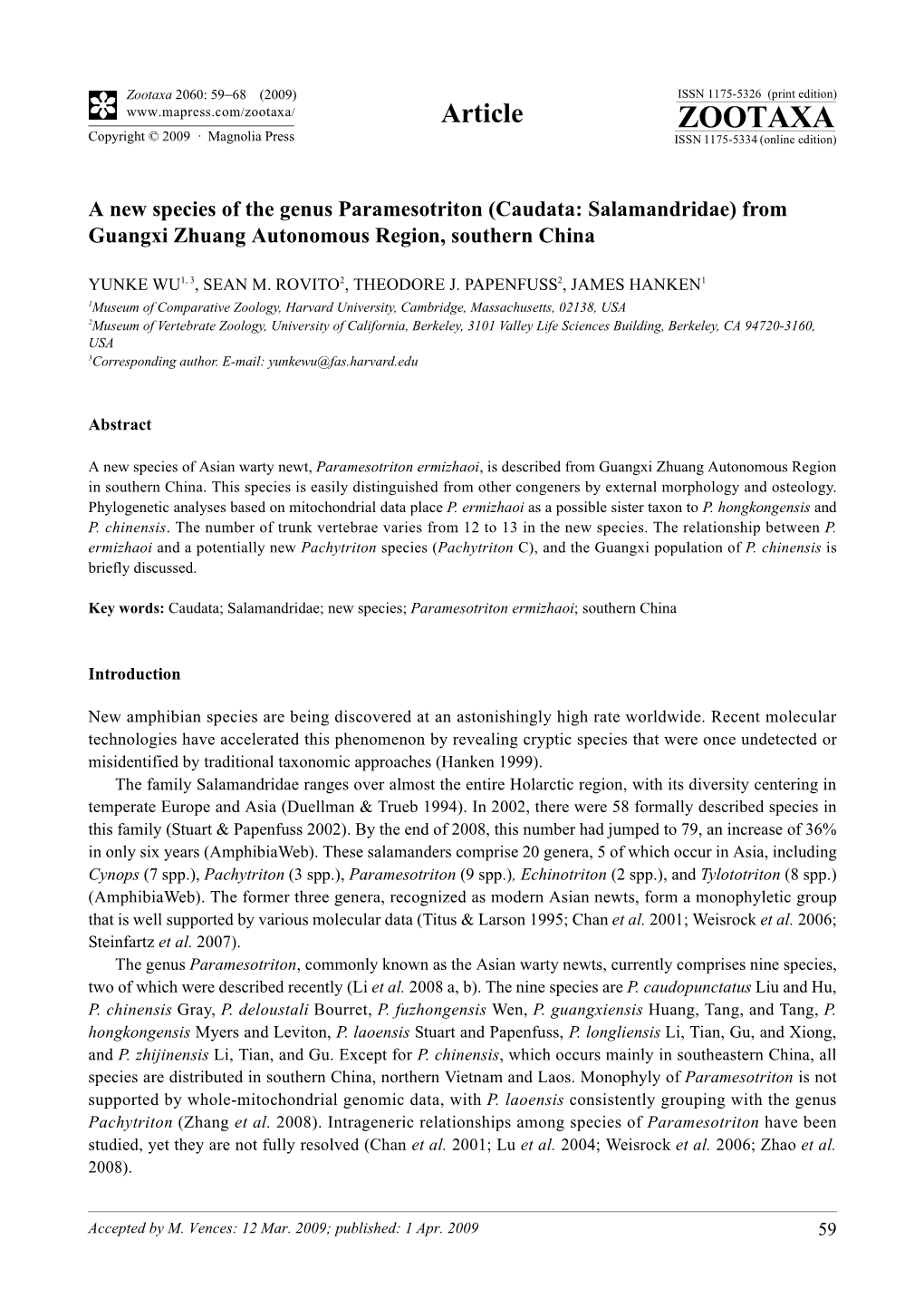 Zootaxa, a New Species of the Genus Paramesotriton