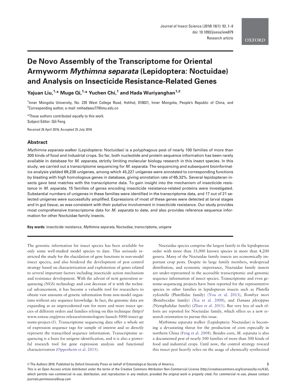 De Novo Assembly of the Transcriptome for Oriental Armyworm Mythimna Separata (Lepidoptera: Noctuidae) and Analysis on Insecticide Resistance-Related Genes