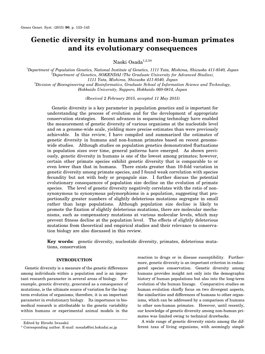 Genetic Diversity in Humans and Non-Human Primates and Its Evolutionary Consequences