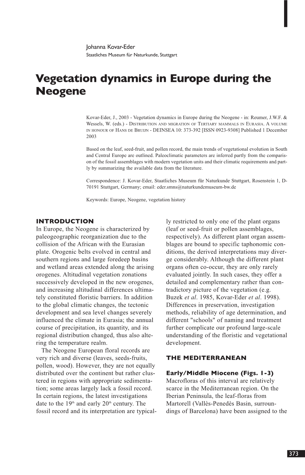 Vegetation Dynamics in Europe During the Neogene