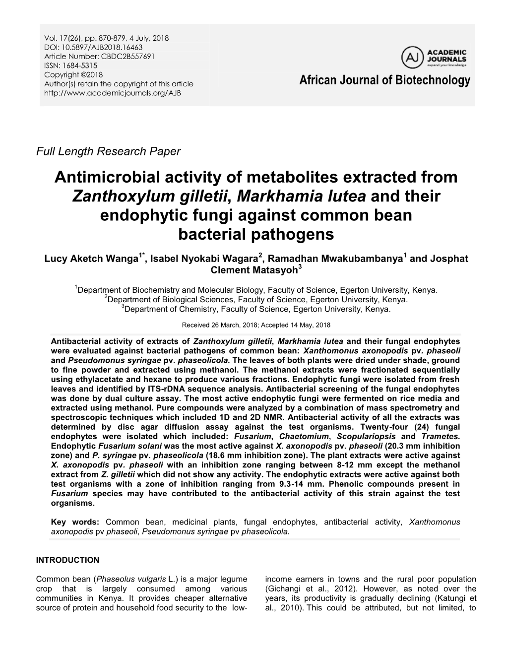 Antimicrobial Activity of Metabolites Extracted from Zanthoxylum Gilletii, Markhamia Lutea and Their Endophytic Fungi Against Common Bean Bacterial Pathogens